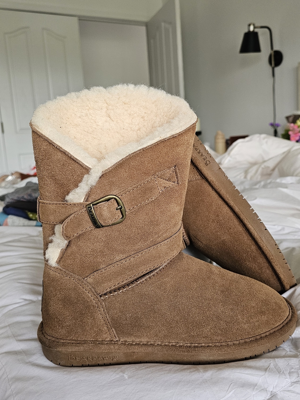 BearPaw Women's Chestnut Suede Shearling Boots with Buckle